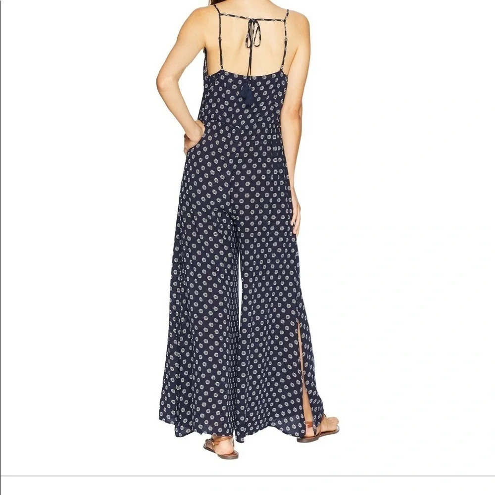 1.State | Navy Embroidered Wide Leg Slit Jumpsuit - Picture 4 of 8